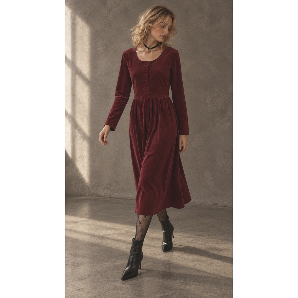 Ella Simone Velvet Midi Dress Burgundy Sz M Dark Academia Victorian Gothic Goth